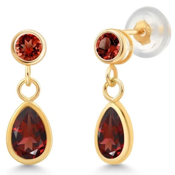 14K Yellow Gold with 1.28 Cttw Red Garnet Dangling Post Back Drop Earrings - Picture 2 of 4